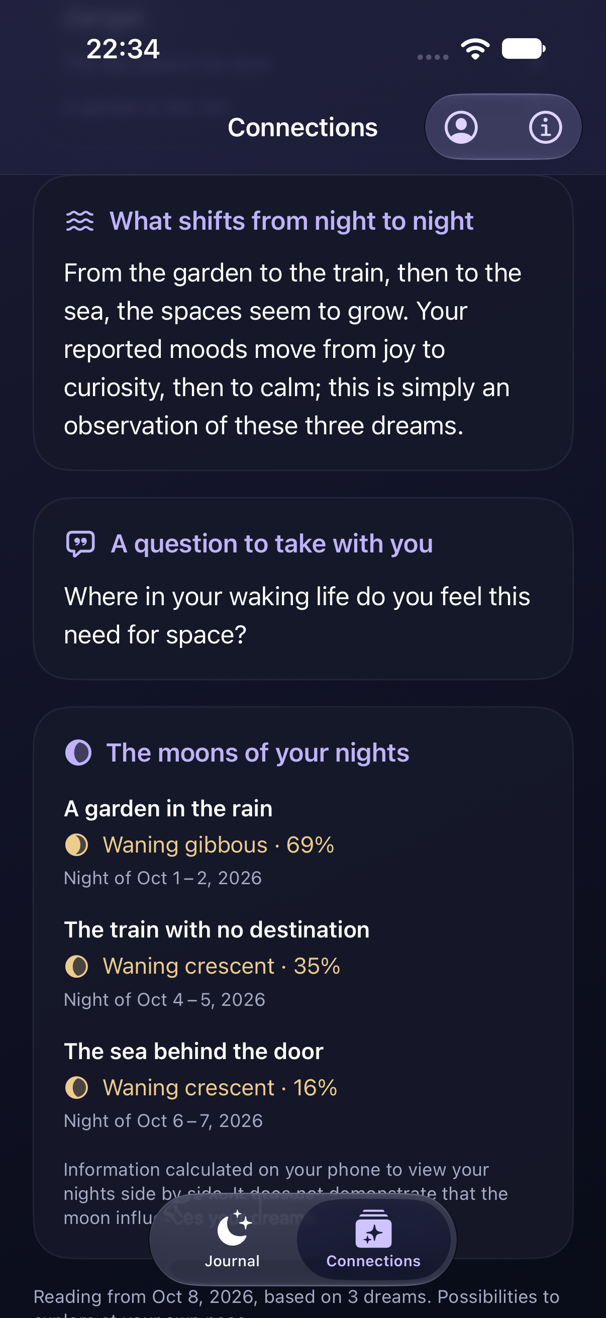 English demo screenshot showing a cross-dream reading in AfterNight